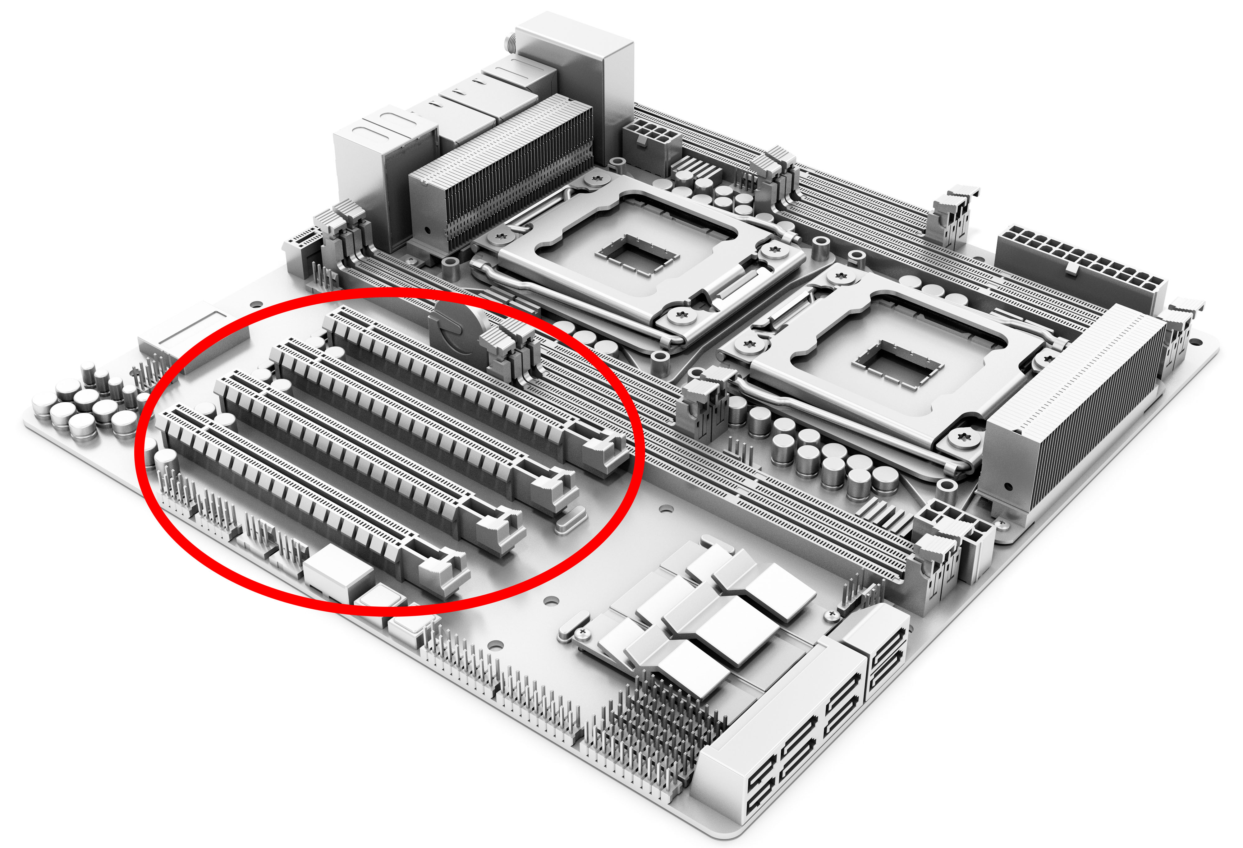 Expansion slots on a motherboard.