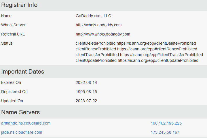 WHOIS query results showing registrar information for a domain registered with GoDaddy.com, LLC, including statuses set on the domain, important dates, and name servers