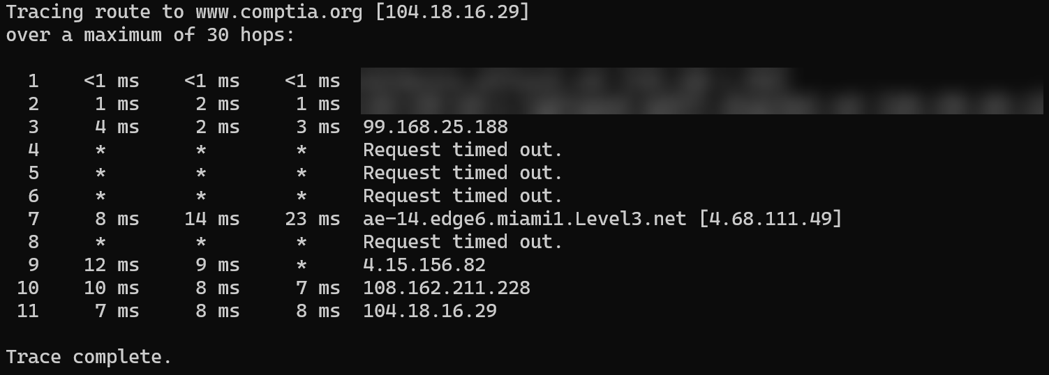 Results of the traceroute command displaying the various hops to reach a destination and their associated latencies