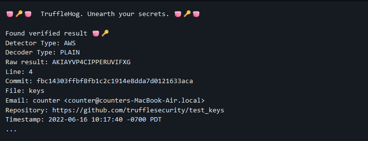 Terminal output from TruffleHog showing a verified AWS key detected in a public GitHub repository, with associated metadata like commit, file, email, and timestamp